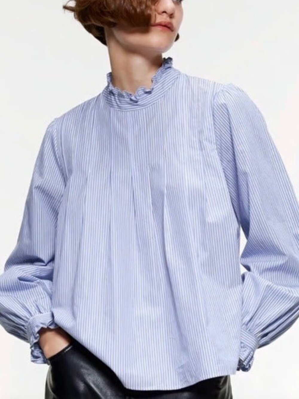 Zara Pinstripe Ruffle Neck Poplin Shirt M